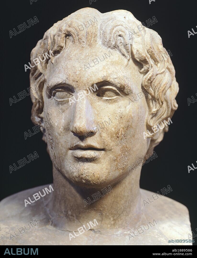 Head of Alexander the Great, marble sculpture, ancient replica from a portrait by Lysippus, Greece. Greek civilization.
