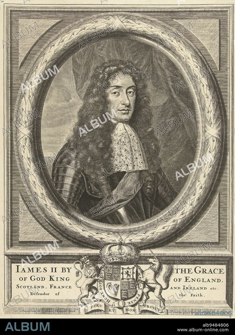 Portrait of James Stuart, King of England, Scotland, France and Ireland, bust dressed in armor in oval frame with laurel wreath. Base with coat of arms with motto flanked by unicorn and lion and English inscription praising James Stuart as king., Portrait of James Stuart, King of England, in oval frame James II by (...) Defendor of the Faith (title on object), print maker: Cornelis van Dalen (II), after: Simon Luttichuys, publisher: Louis Renard, (mentioned on object), Amsterdam, 1648 - 1664 and/or 1685 - 1689, paper, engraving, h 378 mm × w 282 mm.