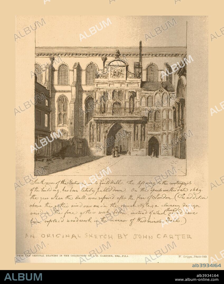 South View of the entrance into the Guildhall c1669, (1886). After an original sketch by John Carter. From 'Discriptive Account of the Guildhall of the City of London', 1886.