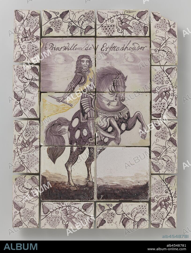 Tile panel with portrait Prince William V on horseback and border of vines and grape bunches, Tile panel of 18 tiles with a purple and yellow painted representation of Prince Willem V on horseback (3x2 tiles). Twelve border tiles around it, six with vines, bunches of grapes and a bird, and six with vines, bunches of grapes and a fox., anonymous, Netherlands, 1760 - 1795, earthenware, tin glaze, h 52 cm × w 39.5 cm h 12.8 cm × w 13.4 cm × t 0.6 cm h 12.8 cm × w 6.6 cm × t 0.6 cm.