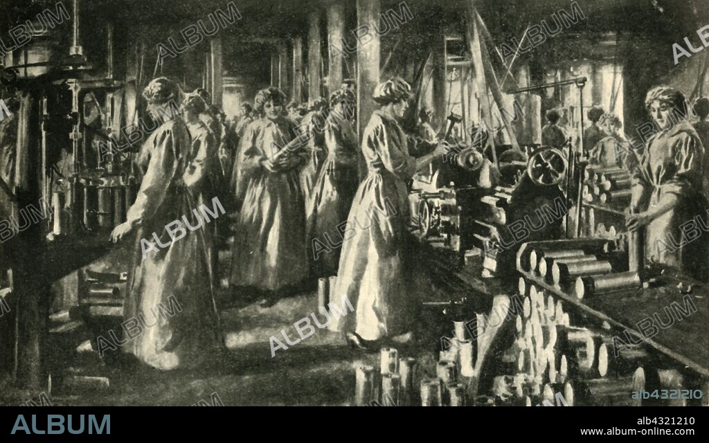 'Women Workers for the War', c1914-1918, (c1920). 'Shell-making in one of the Scottish munition works'. Women manufacturing shells in a factory during the First World War, a dangerous job which involved working long hours, and was hazardous to health because of the toxic chemicals used in the production process. From "The Great World War - A History" Volume IV, edited by Frank A Mumby. [The Gresham Publishing Company Ltd, London, c1920].