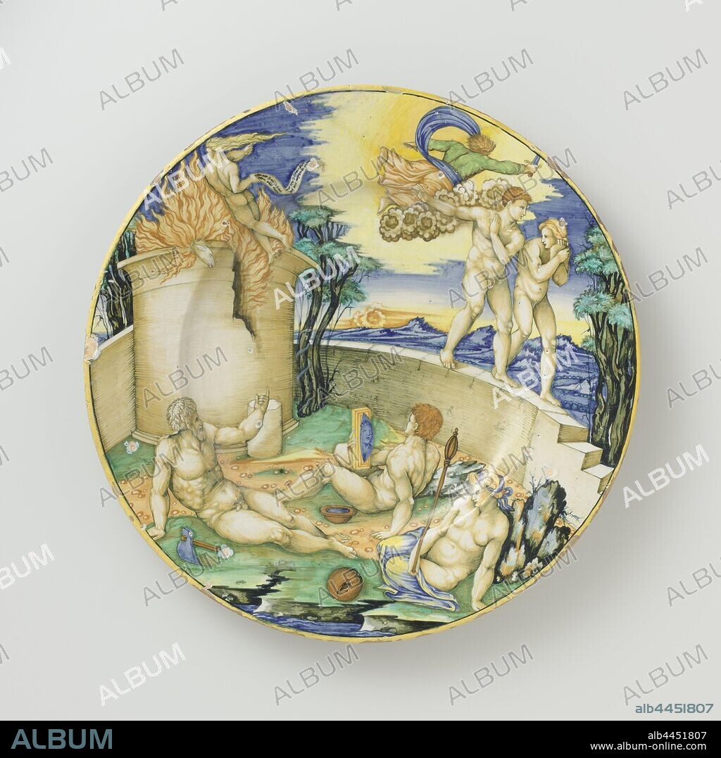 Dish with the Expulsion from Paradise Dish with the sacrifice of Kain and Abel and the Expulsion of Adam and Eve from paradise, Round dish of multicolored painted majolica with the sacrifice of Kain and Abel the Expulsion of Adam and Eva from paradise. Paradise is represented as a walled garden. Adam and Eve walk on the wall, who are sent out of paradise by a flying angel. Adam and Eve lie on the floor within the wall, with their first-born son Cain among them. Adam and Eve have as attributes and hoe and a coil, symbols for physical labor. Kain looks in the mirror of self-knowledge while the body of his murdered brother Abel is burning in front of him. A lamb's head sticks out of the sea of fire as a symbol of God's sacrifice, Christ, that will redeem man. There is also an angel floating by the fire holding a banderole on which an unreadable text is written, expulsion of Adam and Eve from paradise (Genesis 3: 22-24), altar, Jewish religion, anonymous, c. 1535 - c. 1545, earthenware, tin glaze, lead glaze, h 5.6 cm × d 48.8 cm.