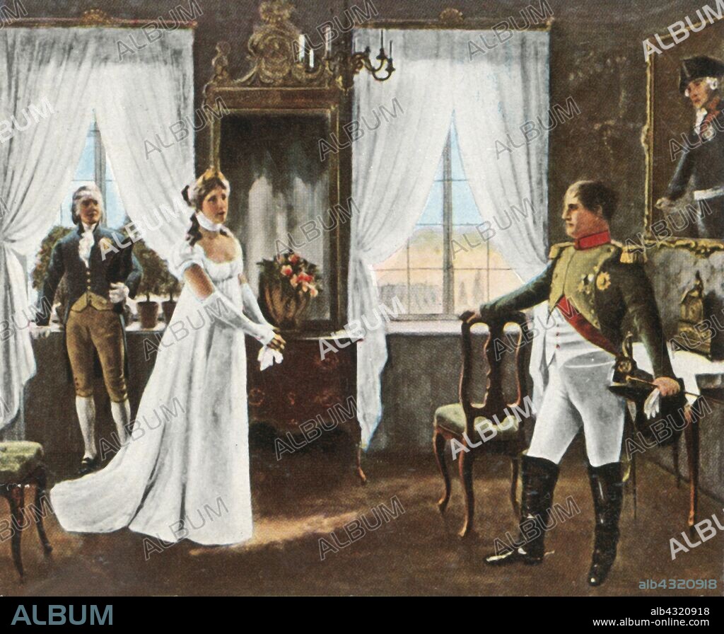 Meeting of Queen Louise and Napoleon I in Tilsit, 6 July 1807, (1936). 'Zusammenkunft Der Königin Luise Mit Napoleon I In Tilsit, 6 Juli 1807'. Duchess Louise of Mecklenburg-Strelitz (1776-1810) met the French Emperor Napoleon I (1769-1821) at Tilsit (now part of Russia), to plead unsuccessfully for favorable terms after Prussia's disastrous losses in the Napoleonic Wars. From "Bilder Deutscher Geschichte", (Pictures of German History), No.12, cigarette card album. [Cigaretten-Bilderdienst, Altona-Bahrenfeld, Hamburg, Germany, 1936].