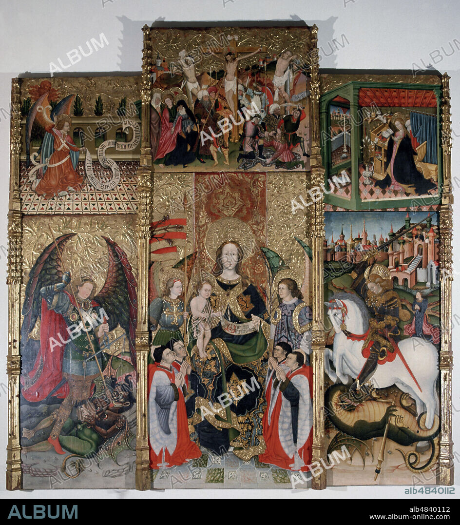 FERRER II, JAUME. PINTOR ESPAÑOL. SIGLO XV. VIRGEN DE LOS EDILES. "RETABLO DE LA VIRGEN, SAN JORGE Y SAN MIGUEL". Pintura al temple, rellenos de estuco y dorado con pan de oro sobre madera.. AYUNTAMIENTO DE LERIDA VIRGEN MARIA.
