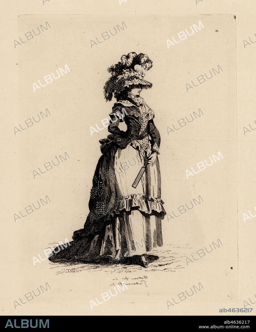 Fashionable woman with fan, era of Marie Antoinette. Copperplate etching by Auguste Etienne Guillaumot from Costumes et coiffures du XVIIIe siecle, Costumes and hairstyles of the 18th century, Cagnon, Paris, 1875. Original illustration by Francois Louis Joseph Watteau from the Gallerie des Modes et Costumes Francais, 1778-1787.