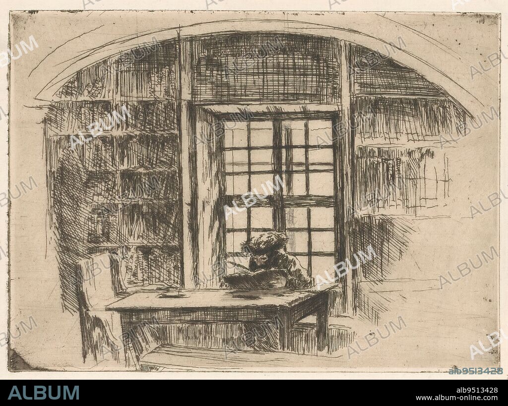 Torah study at Mukatsheve, Beim Thorastudium, A Jewish man wearing a fur hat sits at a table in a study room reading., print maker: Ernst Oppler, (signed by artist), c. 1915, paper, etching, height 129 mm × width 176 mm.