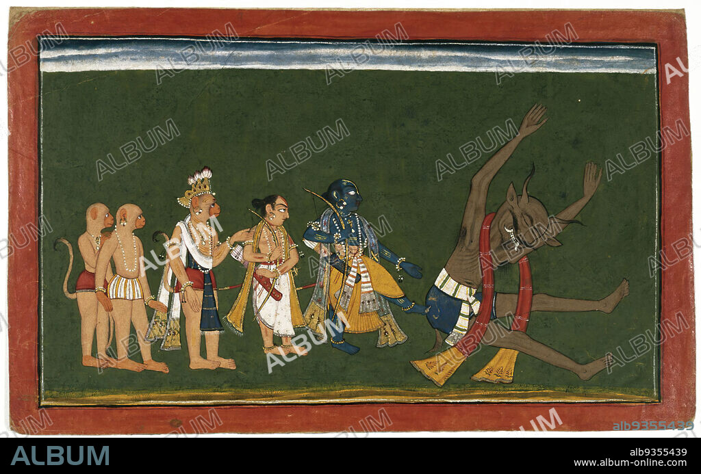 Rama Kicks the Body of Dundubhi, page from an illustrated manuscript of the Ramayana, the 'Shangri' Ramayana, Indian, Opaque watercolor, silver, and gold on paper, Punjab Hills, India, ca. 1700-1710, sheet: 8 5/8 x 13 7/8 in., 21.9 x 35.2 cm, Demon, Gold, Jammu, Lakshmana, Monkeys, Paper, Punjab Hills, Rama, Silver, Sugriva, Watercolor.