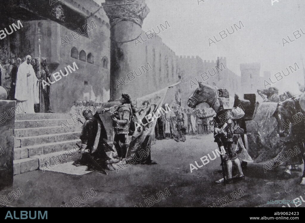 Painting depicting the delivery of trophies of the Battle of Río Salado, a battle of the armies of King Afonso IV of Portugal and King Alfonso XI of Castile against those of sultan Abu al-Hasan 'Ali of Morocco and Yusuf I of Granada.
