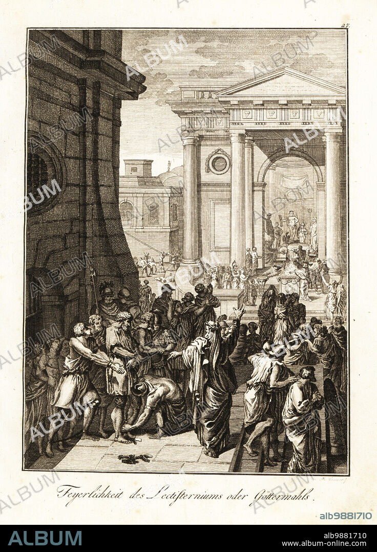 Romans offering meals to gods and goddesses in the Lectisternium, an ancient Roman propitiatory ceremony. Prisoners and debtors were freed to celebrate. Celebration du Lectisterne. Copperplate engraving by M. Bauer after a design by Benjamin Samuel Bolomey from Professor Joseph Rudolf Zappes Gemalde aus der romischen Geschichte, Pictures of Roman History, Joseph Schalbacher, Vienna, 1800. German edition of Abbe Claude Francois Xavier Millots Abrege de lHistoire Romaine.