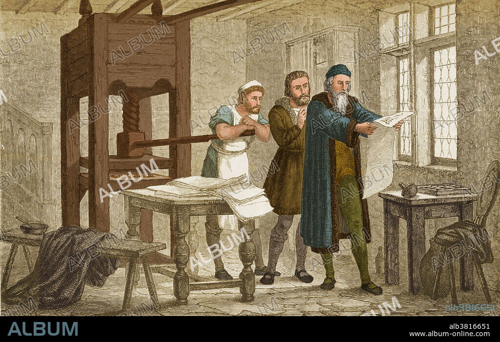 Gutenberg inspecting the first proof sheet of his Bible printed from movable type. Johannes Gensfleisch zur Laden zum Gutenberg (1398-1468), German blacksmith, goldsmith, printer, and publisher who introduced modern book printing. His invention of mechanical movable type printing started the Printing Revolution and is widely regarded as the most important event of the modern period. It played a key role in the development of the Renaissance, Reformation, the Age of Enlightenment and the Scientific Revolution and laid the material basis for the modern knowledge-based economy and the spread of learning to the masses. He was the first European to use movable type printing, in around 1439. In Renaissance Europe, the arrival of mechanical movable type printing introduced the era of mass communication which permanently altered the structure of society. Illustration from Vies Des Savants Illustrates, Savants Du Moyen-Age by Louis Figuier,.