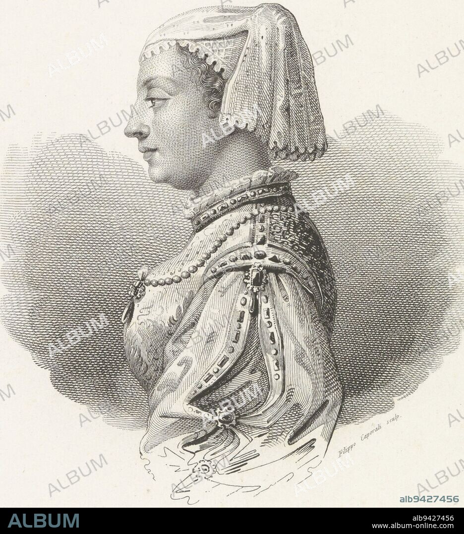 Portrait of Bianca Maria Visconti, print maker: Filippo Caporali, (mentioned on object), after: Bonifacio Bembo, (mentioned on object), print maker: Italy, after: Cremona, 1804 - 1848, paper, engraving, h 266 mm × w 172 mm.