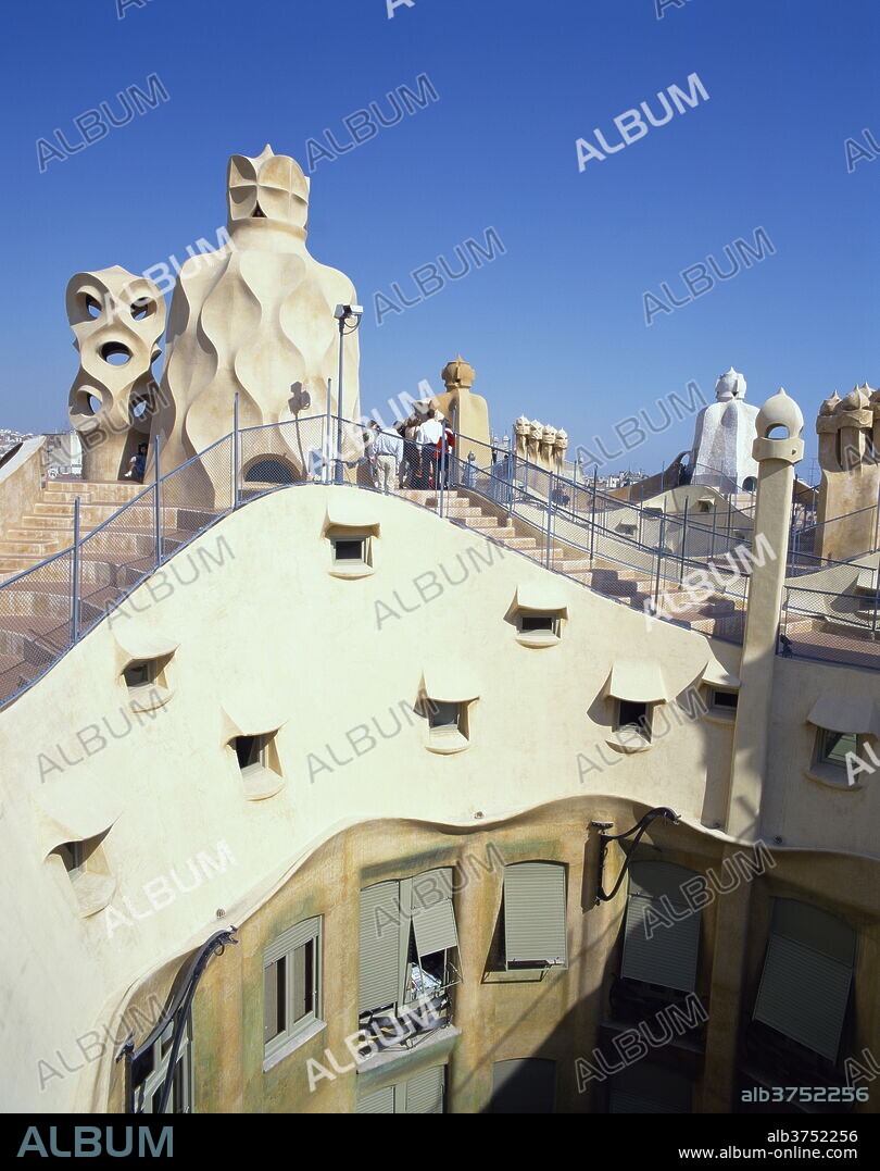 Roof and chimneys of the Casa Mila, a Gaudi house, UNESCO World Heritage Site, in Barcelona, Cataluna, Spain, Europe.