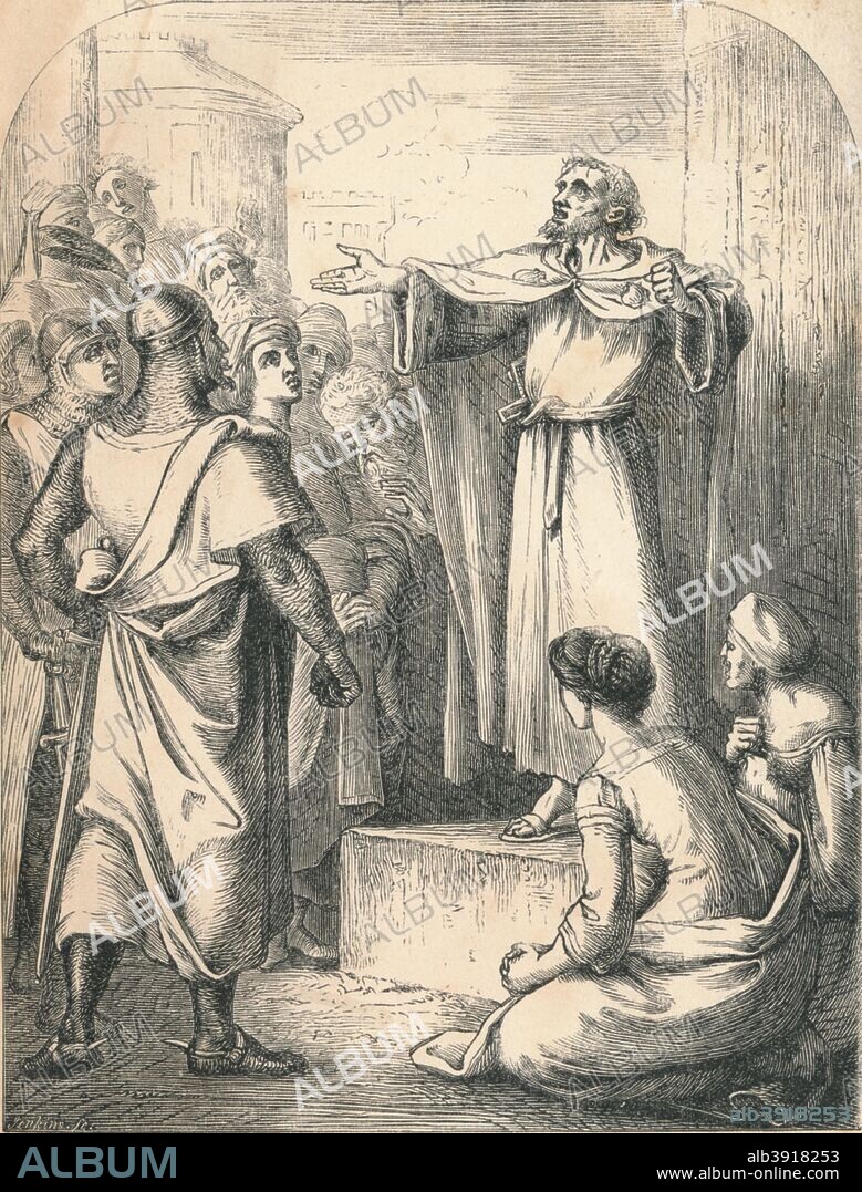 'Peter Preaching the First Crusade', 1869. Peter the Hermit (c1050-1115) was a priest of Amiens and a key figure during the First Crusade. From Heroes of the Crusades by Barbara Hutton [Griffith and Farran, London, 1869].