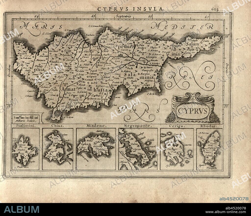 Cyprus Stalimini, Chins, Mitilene, Negroponte, Cerigo Rhodes, Map of the islands of Cyprus, Lemnos, Chios, Lesbos, Euboea, Kythira and Rhodes, Fig. 131, p. 603, Gerhard Mercator, Jodocus Hondius, Jansson: Atlas minor Gerardi Mercatoris. Amsterodami: ex officina Ioannis Ianssonii, MDCXXXIIII [1634].