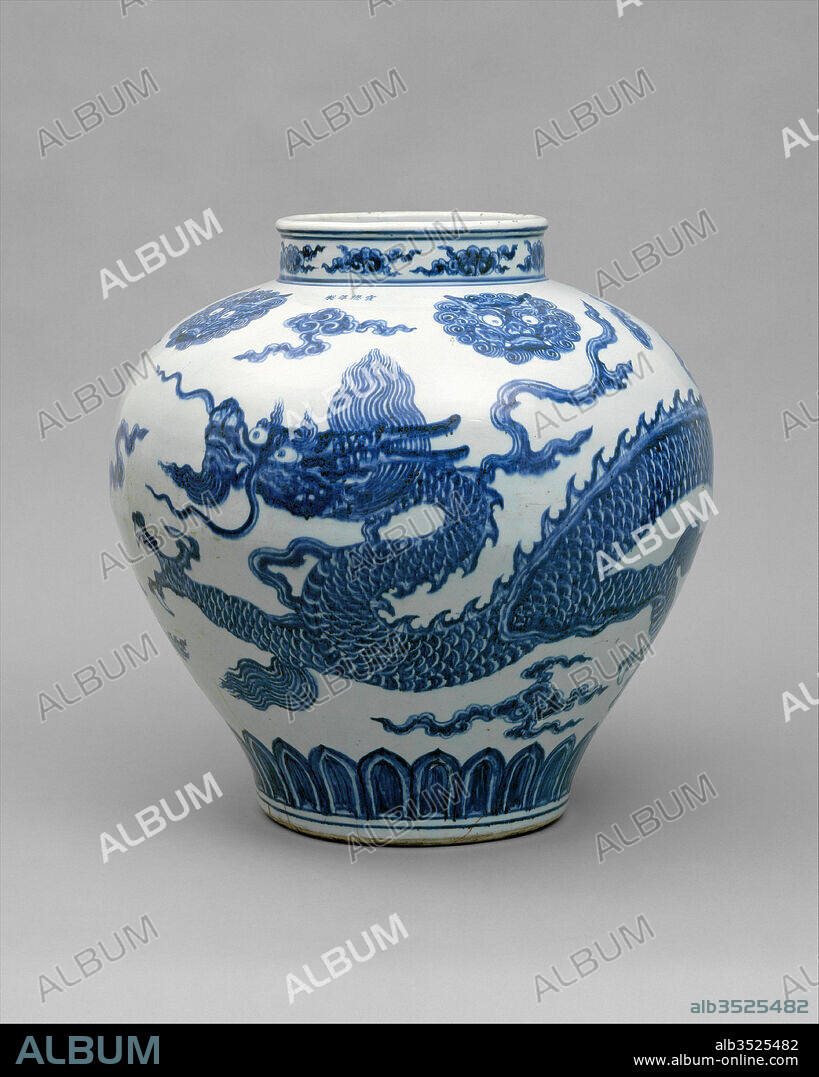 Jar with Dragon, Ming dynasty (1368–1644), Xuande mark and period (1426–35), early 15th century, China, Porcelain painted with cobalt blue under transparent glaze (Jingdezhen ware), H. 19 in. (48.3 cm); Diam. 19 in. (48.3 cm), Ceramics, The painting of cobalt blue on a porcelain body, which first flowered in China in the fourteenth century, is arguably the most important development in the global history of ceramics. Produced for the court, this spectacular storage jar, an example of porcelain from Jingdezhen, is dated to the rule of the Xuande emperor by an inscription on the shoulder.
