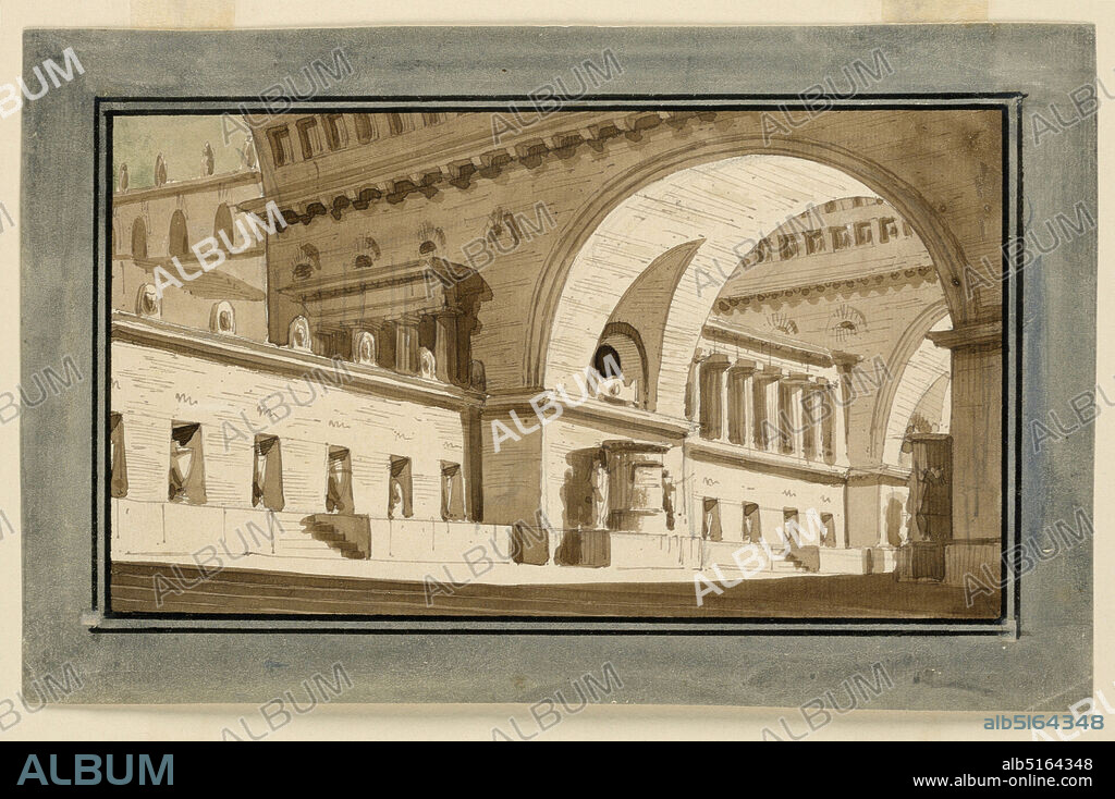 Stage Design, Exterior of Palace, Sepulchral Hall, Angelo Toselli, ca. 1765? 1826, Pen and bistre ink, brush and wash on paper, Horizontal rectangle. Group of buildings belonging to palace with huge archways, decorated with sculptures. Sepulchral urns in niches., Italy, early 19th century, theater, Drawing, Drawing.