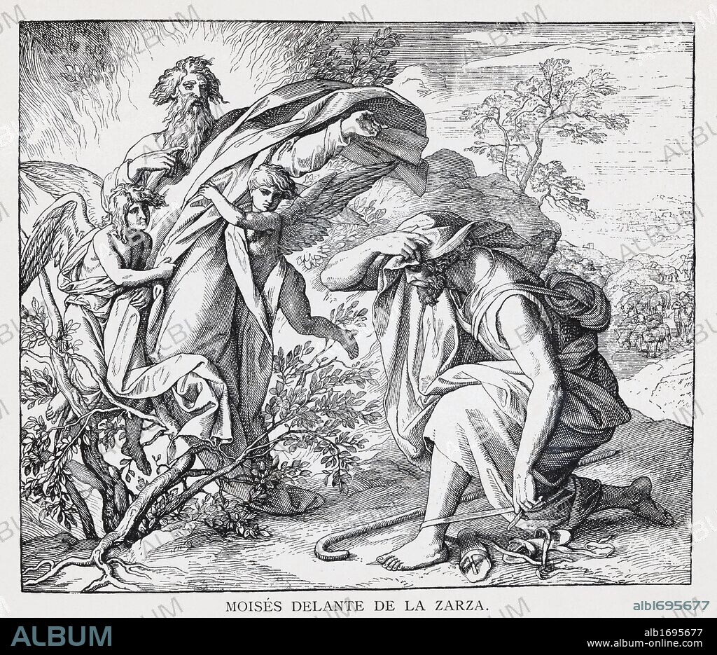 MOISES DELANTE DE LA ZARZA. Grabado de 1889. Álbum de Historia Sagrada (La Santa Biblia en imágenes). Dibujo de Julio Schnorr de Carolsfeld.