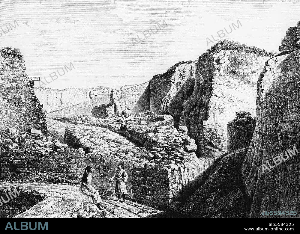 ANONYME. Troy (Turkey). - "Great trench from west to east. View from the entrance in the West, towards the excavations in the East". (Excavated in 1870-82 under Heinrich Schliemann). From: H.Schliemann, Ilios, Stadt und Land der Trojaner, Leipzig (F.A.Brockhaus) 1881.