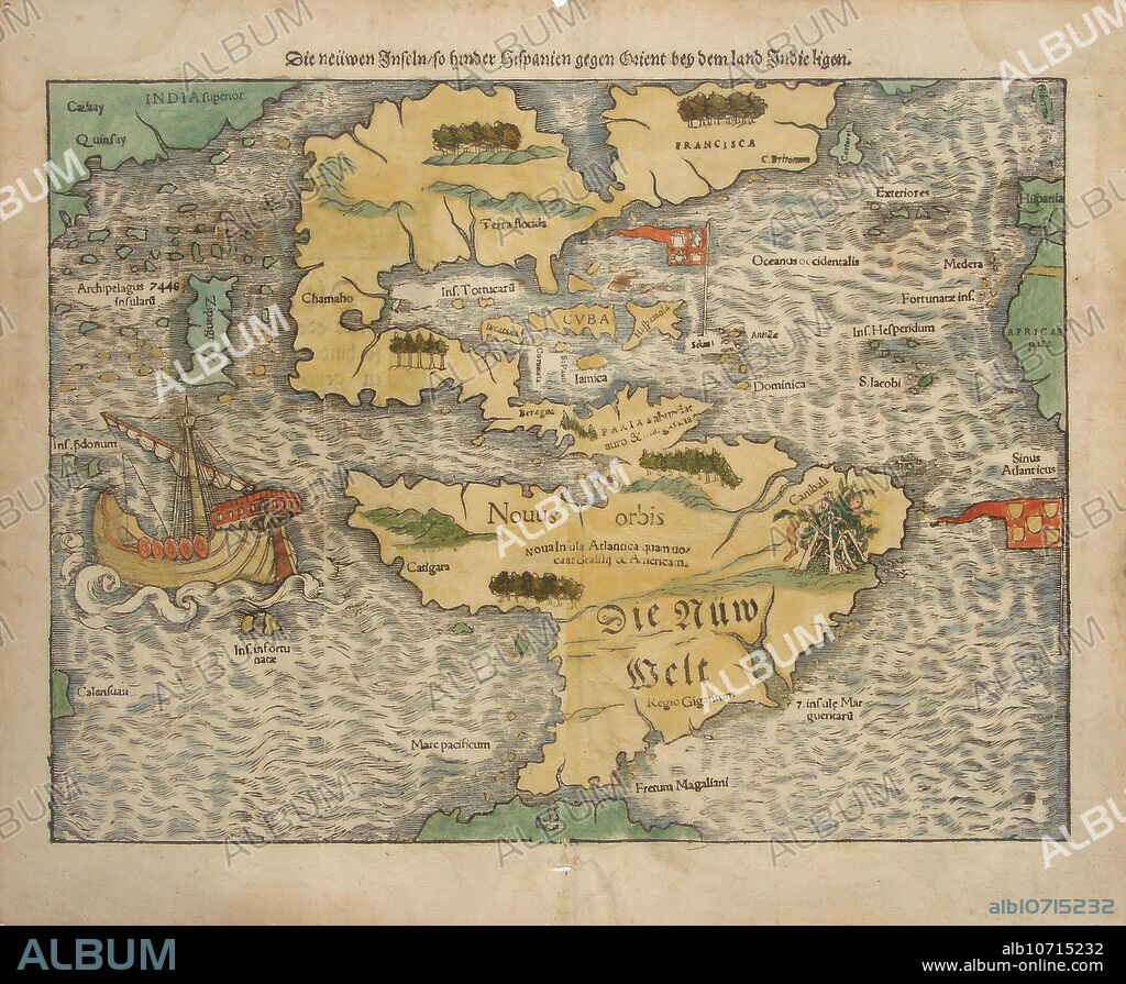 Las "nuevas islas" del Nuevo Mundo (Novus Orbis), tal y como se representan en Sebastián Cosmographia de Münster (varias ediciones desde 1544 en adelante), el primer mapa que representan la totalidad del continente americano, así como partes de África, India, China y Japón. Las zonas exteriores todavía se muestran habitadas por caníbales y gigantes, pero el mapa muestra confianza en el contacto de Europa con el resto del mundo. globo oceánico.