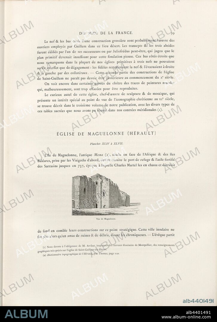 View of Maguelonne, Saint-Pierre-et-Saint-Paul Cathedral in Maguelone, signed: Heulard, Fig. 13, p. 39, Revoil, Henry (dessinée), Henry Revoil: Architecture romane du Midi de la France: dessinée, mesurée et décrite. Bd. 1. Paris: Vve A. Morel & Cie, Libraires-Editeurs, MDCCC LXXIII. [1873].