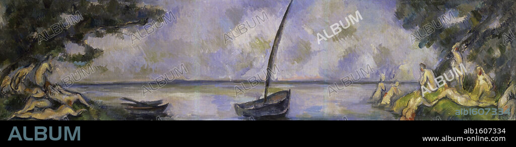 PAUL CÉZANNE. The Bathers and the Barge  1890  Paul Cezanne (1839-1906 French)  Oil on Canvas  Musee de l'Orangerie, Paris, France.