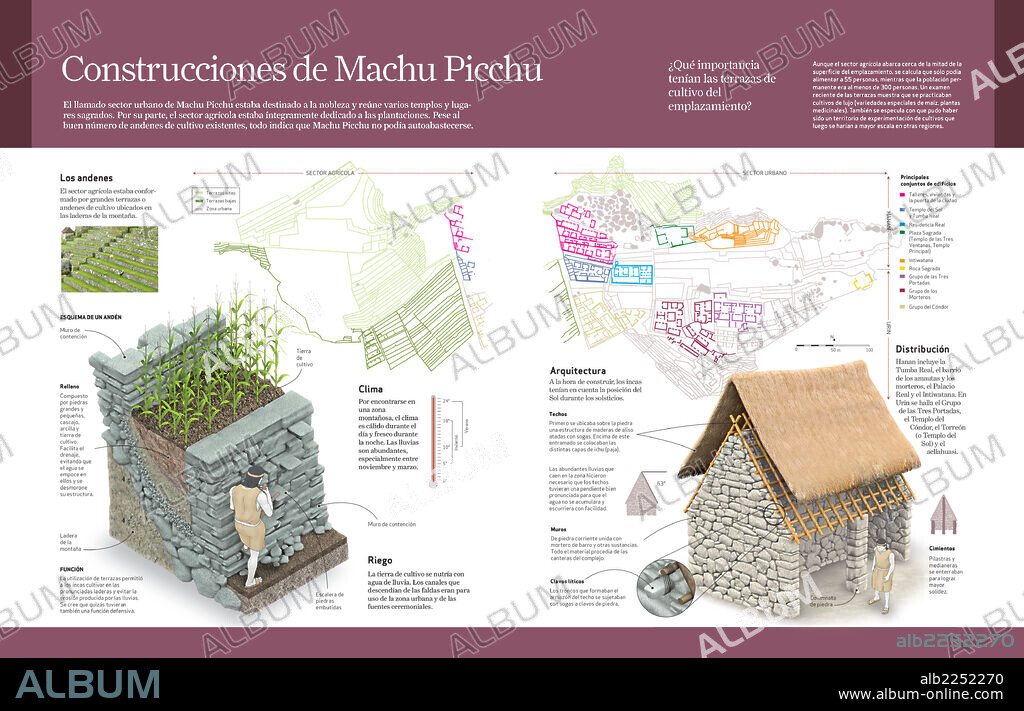 Construcciones de Machu Picchu. Infografía del sistema de terrazas de cultivo y construcciones urbanas de la ciudad inca Machu Picchu (Perú), construida a mediados del siglo XV.