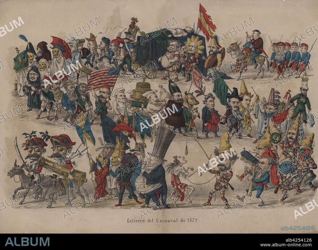 Dibujo satírico. Entierro del Carnaval. Febrero de 1872. La Carcajada.