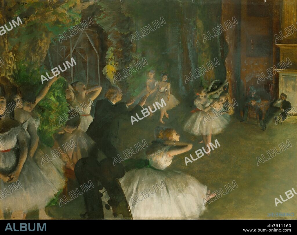 The Rehearsal of the Ballet Onstage. Artist: Edgar Degas (French, Paris 1834-1917 Paris). Dimensions: 21 3/8 x 28 3/4 in. (54.3 x 73 cm). Date: ca. 1874.
There are three similar versions of this scene, and their precise relationship has bedeviled scholars for decades. The largest, painted in grisaille (Musée d'Orsay, Paris), appeared in the first Impressionist exhibition in 1874. The two others, tentatively dated the same year, are in the Metropolitan's collection. This painting probably preceded the version in pastel (29.100.39), which is more freely handled. The importance that Degas attached to the composition is evident in the preparatory drawings that he made for almost every figure, from the dancer scratching her back in the foreground to the woman yawning next to the stage flat.