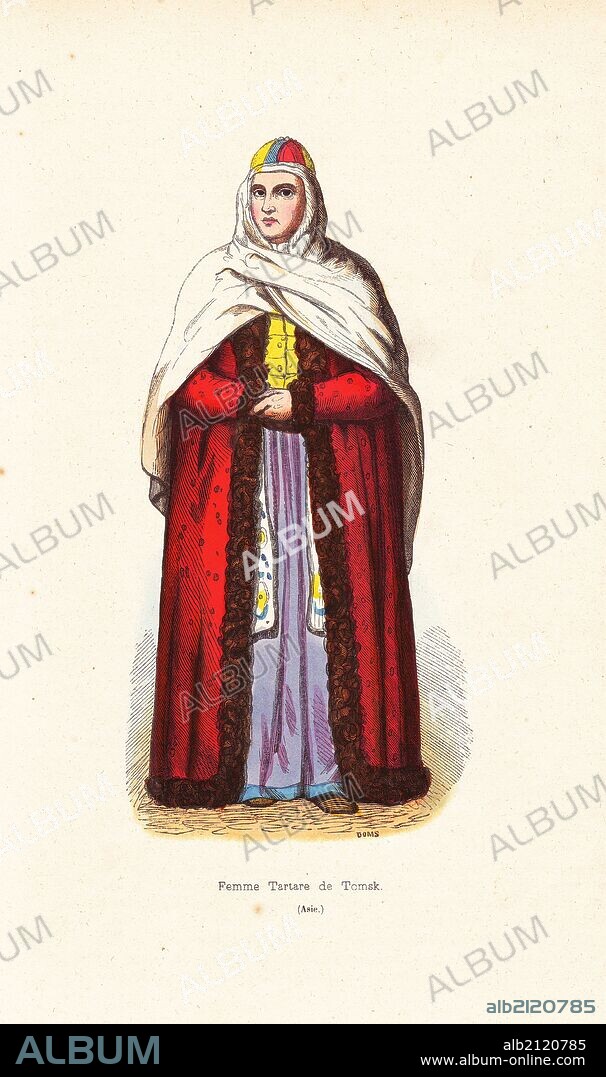 Tatar woman from Tomsk, Siberia, in headress with cape, over a fur-lined coat and long dress. Handcoloured woodcut after an illustration by H. Hendrickx from Auguste Wahlen's "Moeurs, Usages et Costumes de tous les Peuples du Monde," Librairie Historique-Artistique, Brussels, 1845. Wahlen was the pseudonym of Jean-Francois-Nicolas Loumyer (1801-1875), a writer and archivist with the Heraldic Department of Belgium.