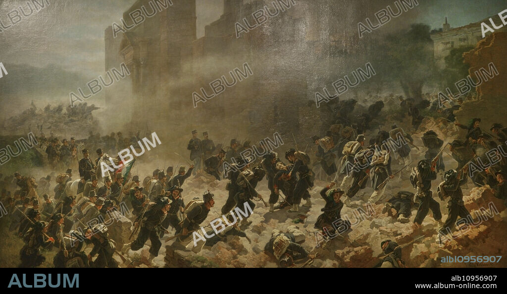 CARLO ADEMOLLO (1825-1911). ITALIAN PAINTER.. Toma de Roma, 1870. Significó el final del proceso para la unificación italiana (Risorgimento), así como la derrota de los Estados Pontificios bajo Pio IX. "La brecha de Porta Pia", por Carlo Ademollo (1825-1911), h. 1880. El 20 de septiembre de 1870 la ciudad de Roma fue liberada por el ejército italiano al mando del general Raffaele Cadorna (1815-1897). La pintura representa el combate, con los soldados inmersos en el humo provocado por los cañones que abrieron la brecha en las antiguas Murallas Aurelianas de Porta Pia. Oleo sobre lienzo. Museo del Risorgimento. Milán. Italia.