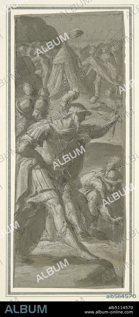 Artist: Giovanni Mauro della Rovere, il Fiammenghino, Italian, 15751640, Gideon Choosing his Army, Pen and black ink and grey wash, heightened with white, on blue-green paper, 26.2 × 10.7 cm (10 5/16 × 4 3/16 in.), Made in Italy, Italian, 17th century, Works on Paper - Drawings and Watercolors.