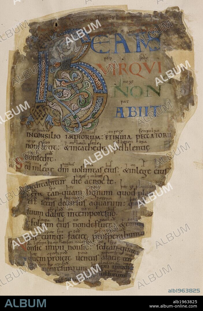 Illuminated page of 'Codex membran' psalter. Beowulf. Source: Cotton Vitellius E. XVIII f.18. Language: Latin.