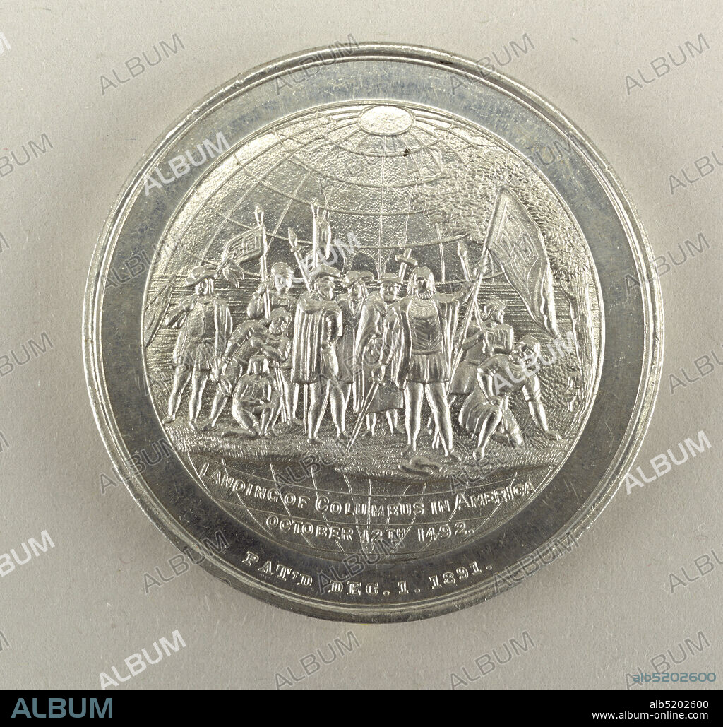 Medal, aluminum, Medal commemorating the World Columbian Exposition at Chicago., Obverse: City view on globe; above: WORLD'S FAIR; below: SOUVENIR, Reverse: Landing of Columbus, USA, 1892, numismatics, Decorative Arts, Medal.