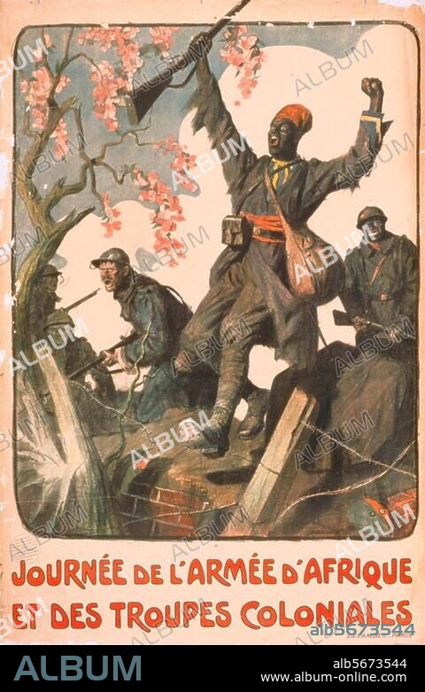 History / World War I / Propaganda. "Journée de l'armée d'Afrique et des troupes coloniales" (African colonial troops within the French army at the front in France). Poster, France, 1917. Col. lithograph, 120 × 80cm. Design: Lucien Jonas (1880-1947). Print: Devambez, Paris.