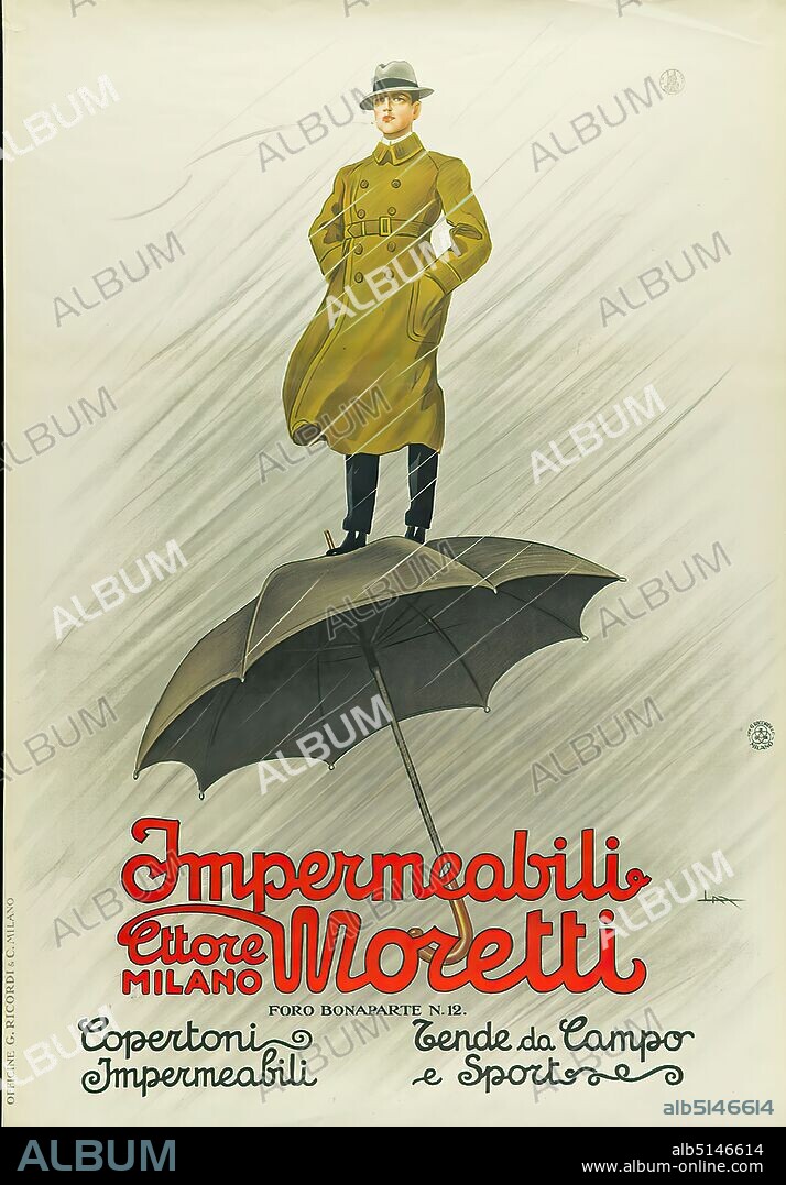G. Ricordi e C, Leopoldo Metlicovitz, Impermeabili - Ettore Moretti, Milano, paper, lithography, total: height: 140 cm; width: 97.5 cm, monogrammed: in print bottom right: LM, product advertising (posters), product and business advertising (posters), advertising, billboard, umbrella, rain, jacket, coat, cape, cape, textile industry/clothing industry, menswear.