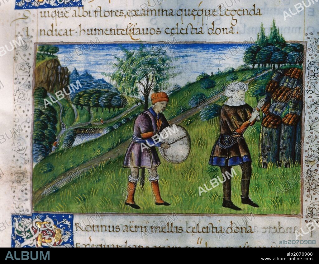 VIRGILIO MARON, Publio (Publius Vigilius Maro) (70 a. C. -19 a. C. Poeta latino. "GEORGICAS", poema de carácter didáctico, vinculado con la nueva política de Augusto con planes de reanudación de las actividades agrícolas de Italia, asolada tras largos años de guerra. Escritas del 39 al 29 a. C. Manuscrito del siglo XV. Miniatura del folio 51. "DOS MUSICOS TOCANDO INSTRUMENTOS". Biblioteca de la Universidad de Valencia. España.