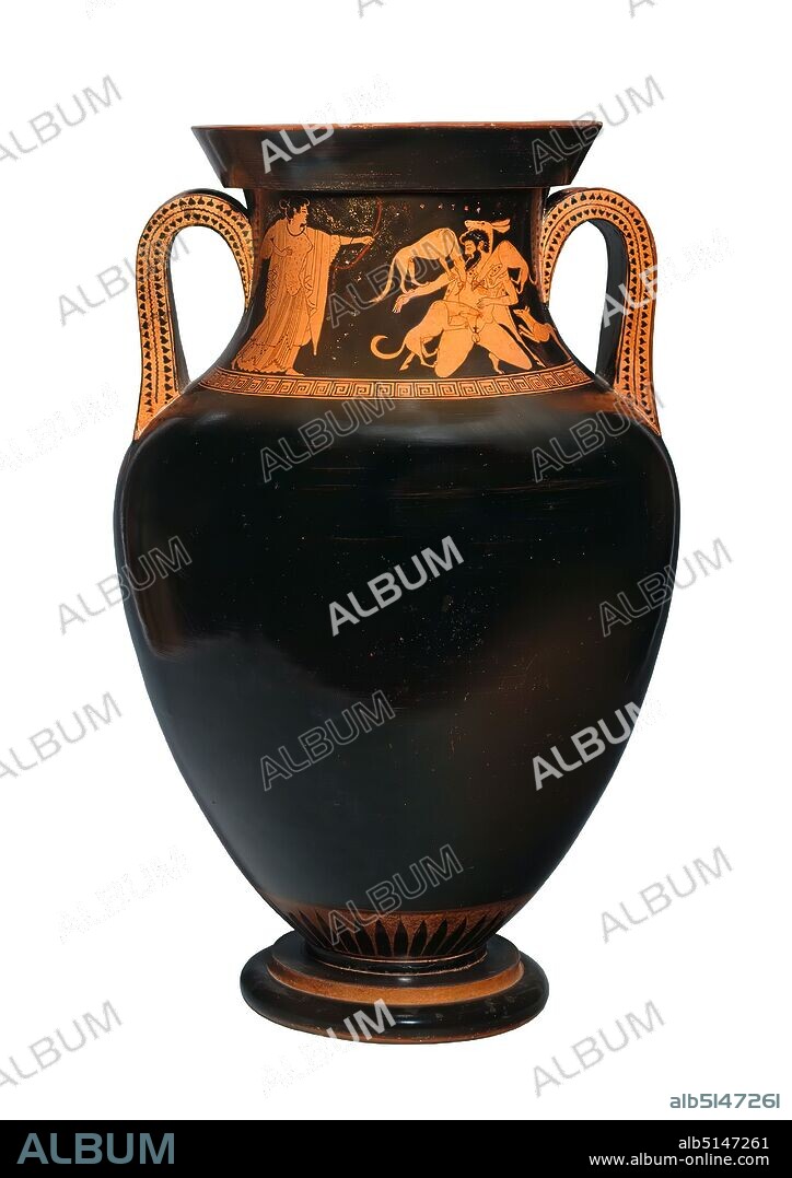 Potter of the Berlin Amphora, Eucharides painter, belly amphora (Artemis and Actaion, Argos and Io), donated by the B.A.T. Cigaretten-Fabriken GmbH, Hamburg, clay, quickly turned, painted (ceramic), alternately fired, clay, painted and fired, Total: Height: 64 cm; Diameter: 40 cm; Muzzle diameter: 29.2 cm; Diameter: 22.2 cm (base); Width: 5.8 cm (handle (5.5 and 5.8 cm)), Inscription: Neck Side A: to the right of the body of Artemis , above Aktaion's head [], retr. (written as ), pottery, Argus guards the cow (Io), History of Diana (Artemis), late archaic, The storage vessel, immaculately preserved except for the lost lid, which betrays the sure hand of an important potter, surpasses in size most comparable vessels of late archaic and early classical times. Like the gable fields of a temple, the two necklaces sit high above the simple black-varnished vessel body. On the underside of the base a graffitto, probably the trademark of an exporter. The pictorial representations on the sides A and B of the neck are equivalent in content and care of the representation. The pictures on both sides show the killing of the hunter Aktaion and the giant Argos, both children of the father of the gods Zeus. Side A: Artemis, dressed in a long, richly pleated chiton with dots and a long scarf over her shoulders, wears her hair tied up in a knot at the back with a bandage; earrings hang from her ears. She hurries up from the left and points to Aktaion with bow and arrow in her outstretched right hand. The latter is wearing a deerskin, whose head is visible above his. He has tied the front legs of the deerskin in front of his chest, the hind legs stand off to both sides of the body. Aktaion sank to his knees under the attack of his four dogs. His bearded head is shown in profile to the left, the body frontally. Both figures are named by Dipinti. Side B: Hermes, dressed with Chlamys and Petasos, hurries from the left with drawn sword towards Argos.