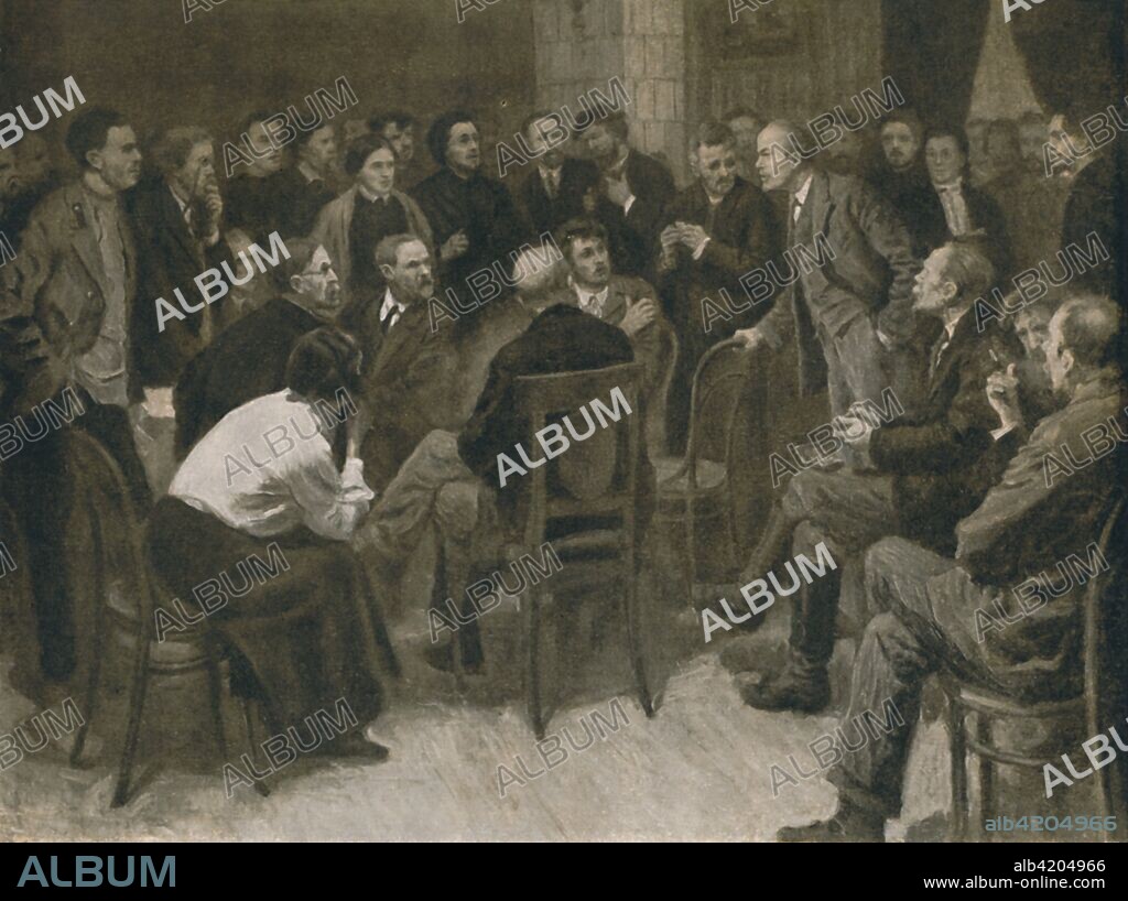 'Lenin Debating with the Narodnik Vorontsov (1894)', (1939). Russian communist revolutionary Vladimir Ilich Lenin (1870-1924) in debate with narodnik economist Vasily Vorontsov (1847-1918). From Stalin on Lenin. [Foreign Languages Publishing House, Moscow, 1939].