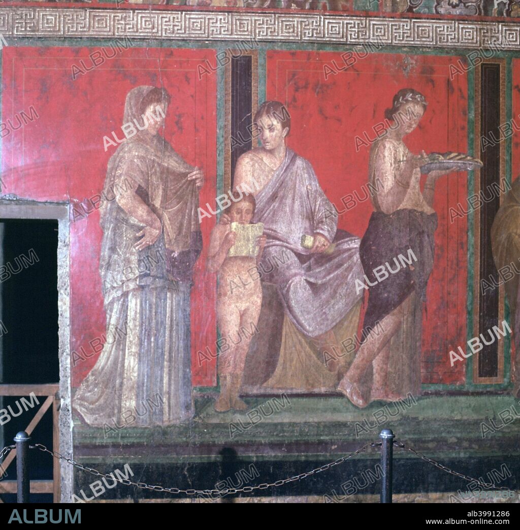 Wall-paintings from the Villa of the Mysteries in Pompeii, showing scenes of initiation into the rites of Dionysus, 1st century.
