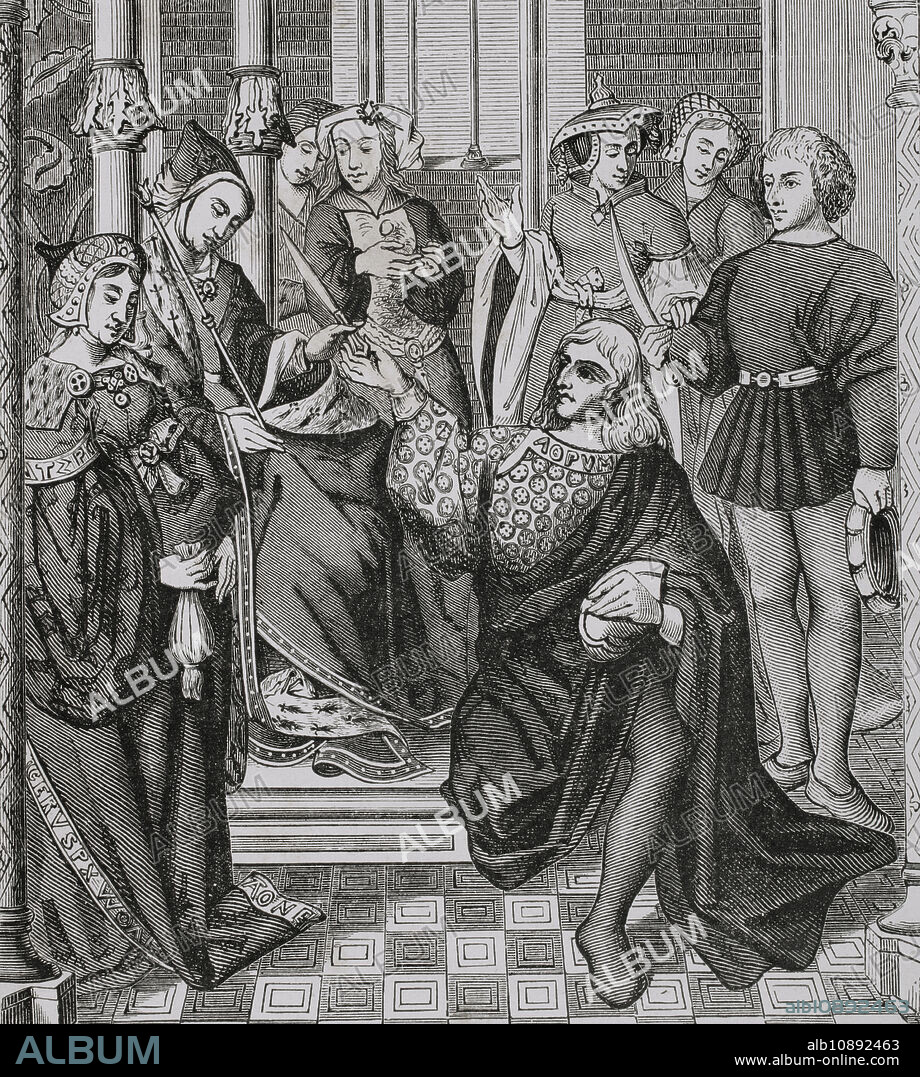 Fredegund (543-597). Queen consort of Neustria. Third wife of King Chilperic I. Queen Fredegund, seated on the throne, orders two young men from Thérouanne to assassinate Sigebert, King of Austrasia. Engraving after a stained glass of the Cathedral Notre Dame of Tournai, 15th century. "Moeurs, usages et costumes au moyen-âge et à l'époque de la Renaissance", by Paul Lacroix. Paris, 1878.