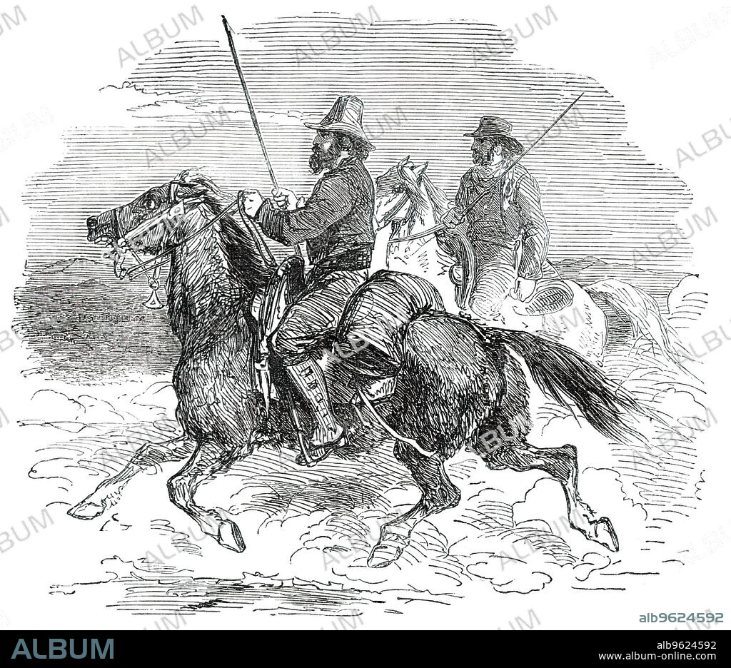 Cattle-Drovers, [in Italy], 1850. 'Amongst the picturesque groups of peasantry who thronged into the small towns on his route near the frontier, to welcome his Holiness in his progress from Naples, the most conspicuous were the cattle-drovers of the Campagna. Their unique appearance has been caught with happy fidelity by our Artist at present in the Eternal City...'. From "Illustrated London News", 1850.