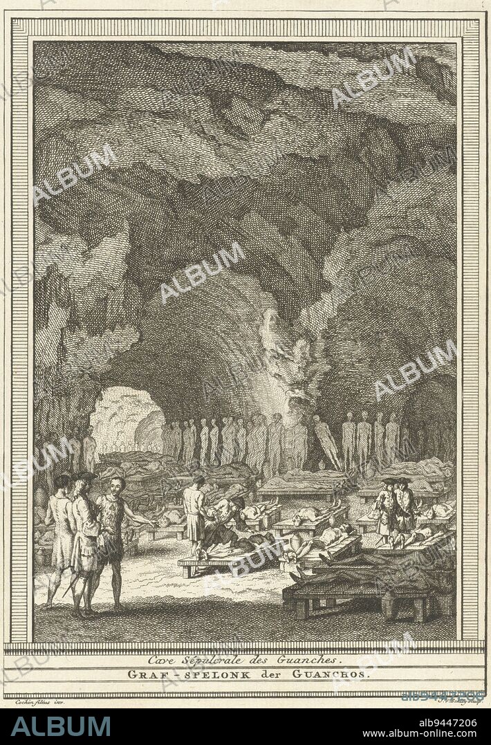 Some men looking at the cave with mummies of the original inhabitants of the Canary Islands, also called Guanches, Mummies in a cave Cave s, print maker: Jacob van der Schley, (mentioned on object), Charles Nicolas Cochin (II), (mentioned on object), Amsterdam, 1749 - 1779, paper, etching, engraving, h 216 mm × w 151 mm.