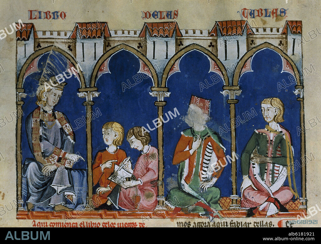 ALFONSO X EL SABIO (1221-1284). LIBRO DE JUEGOS O LIBRO DEL AJEDREZ DADOS Y TABLAS - 1283 - FOLIO 72R - DETALLE - ALFONSO DICTA EL LIBRO DE LAS TABLAS A SUS AMANUENSE.