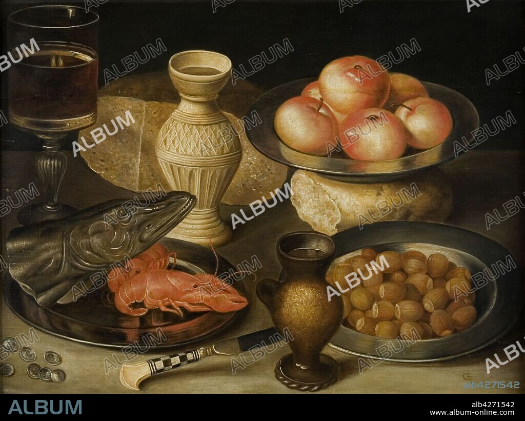 GEORG FLEGEL. Still life with Siegburg stoneware jug, glass, knife, two loaves, three pewter plates with hazelnuts, seafood and apples.