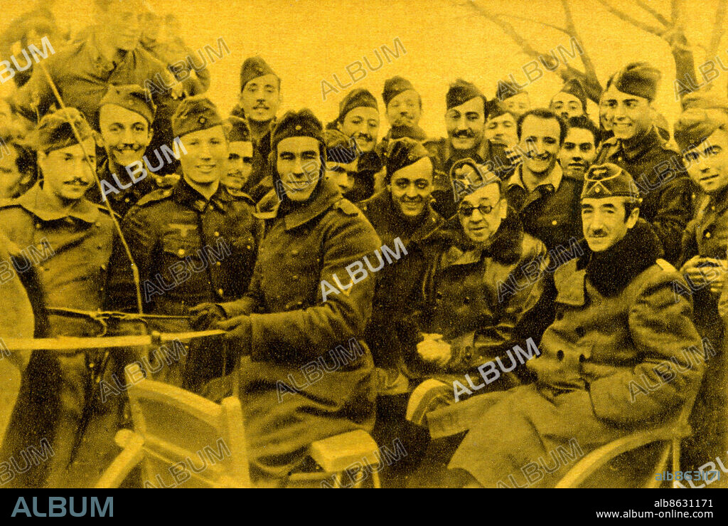 WW2 - Blue Division / División Azul. General Moscardo visiting the Eastern Front. Spanish Captain General, 26 October 1878 – 12 April 1956. Blue Division / División Azul, a unit of Spanish volunteers that served in the German Army on the Eastern Front of the Second World War.
postcard.