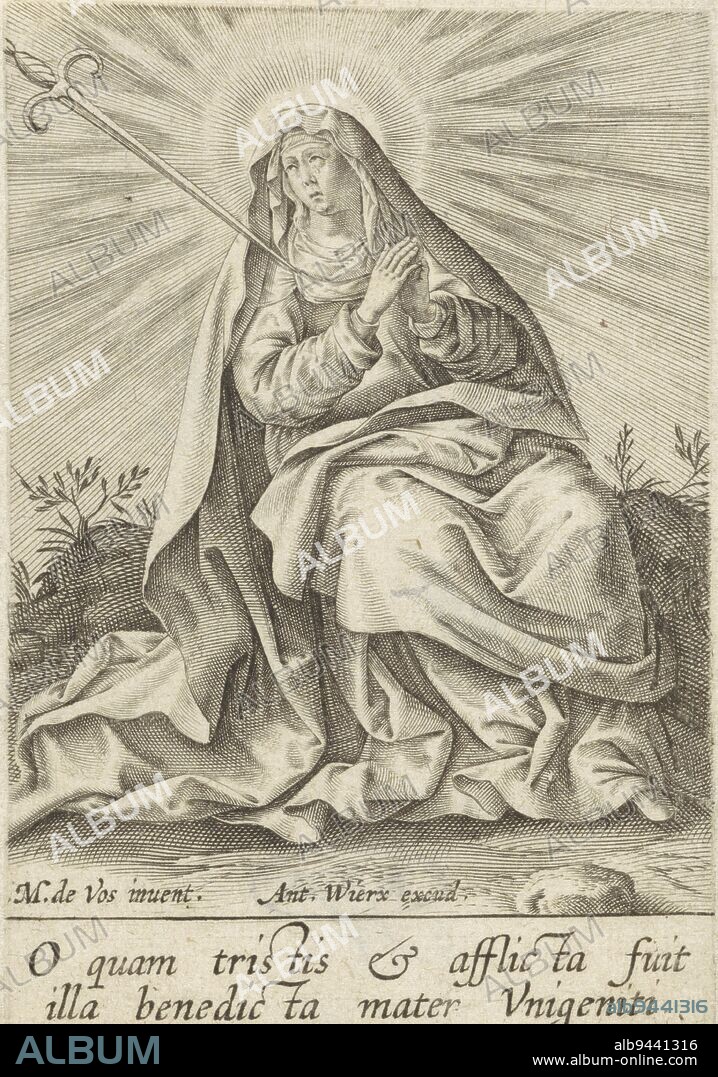 Mary sits with her hands folded, a sword thrust through her chest, in a landscape. In the margin a two-line caption in Latin., Mary as Mater Dolorosa, print maker: Antonie Wierix (III), Maerten de Vos, (mentioned on object), publisher: Antonie Wierix (III), (mentioned on object), Antwerp, 1606 - before 1624, paper, engraving, h 99 mm × w 68 mm.