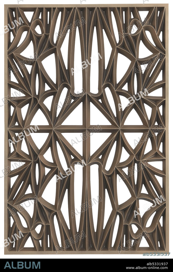 PEERLESS PATTERN WORKS, MOREL INDUSTRIES, DURA INDUSTRIES and NORTHSTAR CONTRACTING. An openwork cast aluminum panel of the type used to fabricate the cladding that covers the exterior of the National Museum of African American History and Culture, located on the National Mall in Washington, DC. The panel's bronze color is the final finish, a Custom Artisan 3.5 in a 5-coat Kynar system, a costum Valspare mixture used for each layer of the 5-coats, and is the same as the color of the panels installed on the NMAAHC building. Panels with varying levels of opacity are used on each side of the building, to regulate the amount of light that enters the building. This panel is the Type C design, with an opacity or density of 75% (25% open). This panel was fabricated at the same time as the panels installed on the building. The tooling for the Corona panels was made at Peerless Pattern Works in Portland, Oregon. The panels were cast at Morel Industries in Portland, Oregon. After painting, the panels were sent to Cleveland, Ohio to Northstar Contracting for assembly onto carrier frames prior to installation on site. The panel sometimes is referred to as a "corona panel," because these panels encapsulate the stacked upper levels of the building's design, referred to as the "corona" levels by the architects. The stacked shape of the building itself was designed to relfect the stacked top portions of Yoruba carved wood columns by Olowe of Ise found on traditional buildings in Nigeria. This top portion is known as a "capital" in architectural vocabulary, and the architects also use the words "crown" and "corona" to refer to the design inspiration they gained from this top portion of Yoruba column.