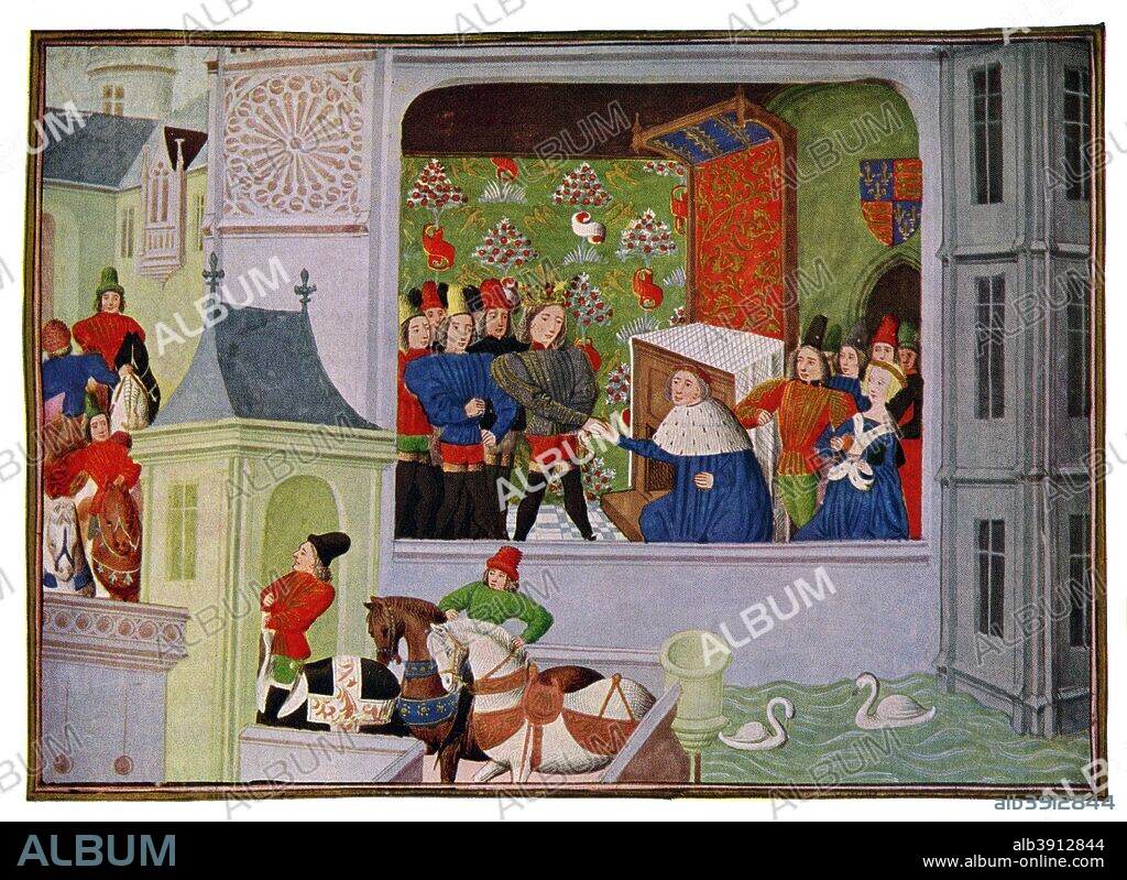 'Interview of Richard II and the Duke of Gloucester', 14th century (15th Century). The youngest son of Edward III of England, Thomas Woodstock, 1st Duke of Gloucester was murdered in Calais in 1397 by order of his nephew, King Richard II. Miniature colour print from The Chronicler of European Chivalry by GG Coulton, (London, 1930).