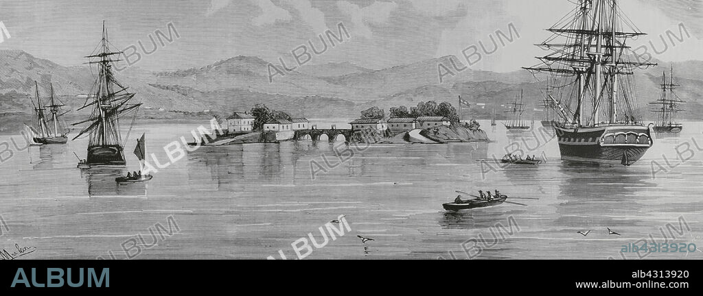 BERNARDO RICO (1825-1894). SPANISH PAINTER AND ENGRAVER. RAFAEL MONLEÓN Y TORRES (1843-1900). SPANISH ARTIST.. Historia de España. Galicia. Provincia de Pontevedra. Isla de San Simón, en la ría de Vigo. Vista general del lazareto y las islas de San Simón y San Antonio, desde la bahía. El lazareto de San Simón entró en funcionamiento el 15 de agosto de 1842, dejándose de utilizar en el año 1927. Dibujo de Rafael Monleón. Grabado por Rico. La Ilustración Española y Americana, 8 de agosto de 1884.