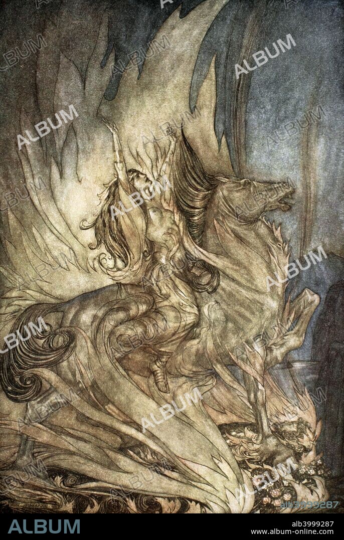 'Brunnhilde on Grane leaps on to the funeral pyre of Siegfried', 1924. Illustration from Siegfried and the Twilight of the Gods. Brunnhilde gets on her horse, Grane, and still in love with Siegfried, who she realises has also been betrayed, jumps into his funeral pyre with the ring on. From Gotterdammerung (Twilight of the Gods). From a private collection.
